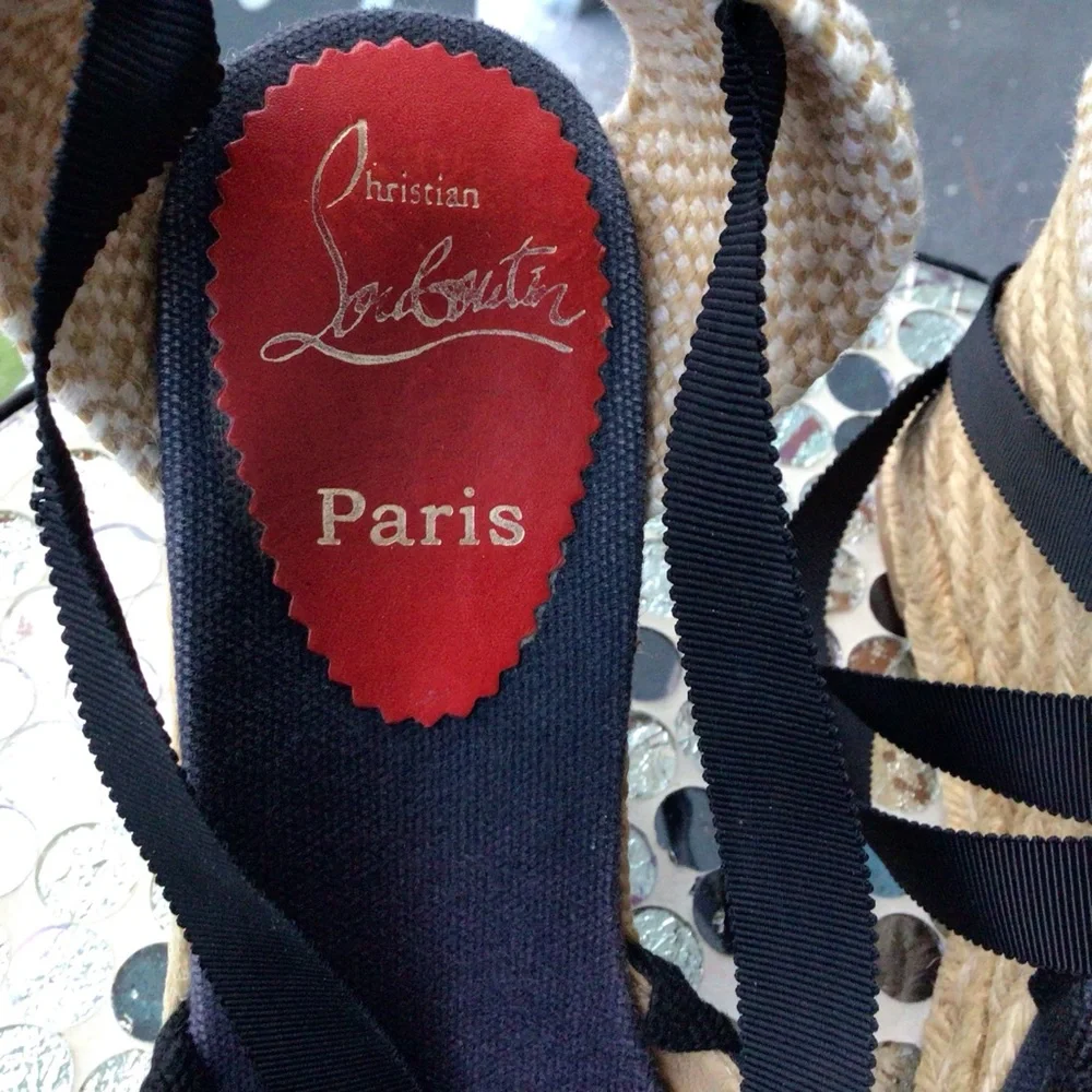 Christian Louboutin Black and Navy Espadrille Wedge Ankle Wrap Ribbon Sandals